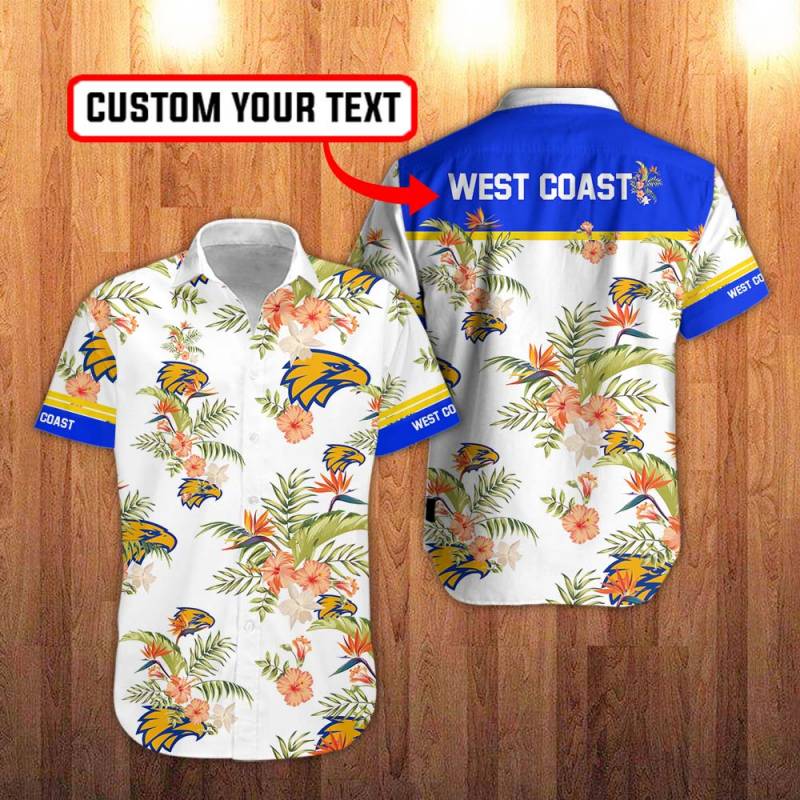 West Coast Eagles Floral Hawaiian Shirt in White And Hawaiian Hibiscus Flower Personalization 3D Full Print Button Shirt