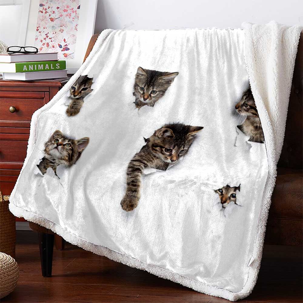 Kittens In Holes Of Paper Little Grey Tabby Cats Peeking Out Of Torn Six Funny Playing Pet 3D Custom Personalized Premium Fleece Blanket