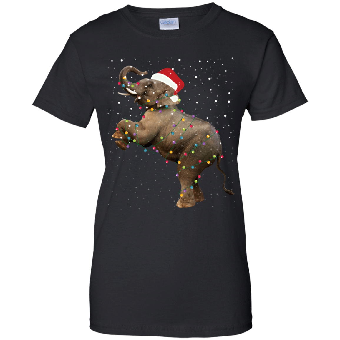 Elephant Wearing Santa Hat Surrounded By Christmas Lights T-Shirt Ladies’ T-Shirt