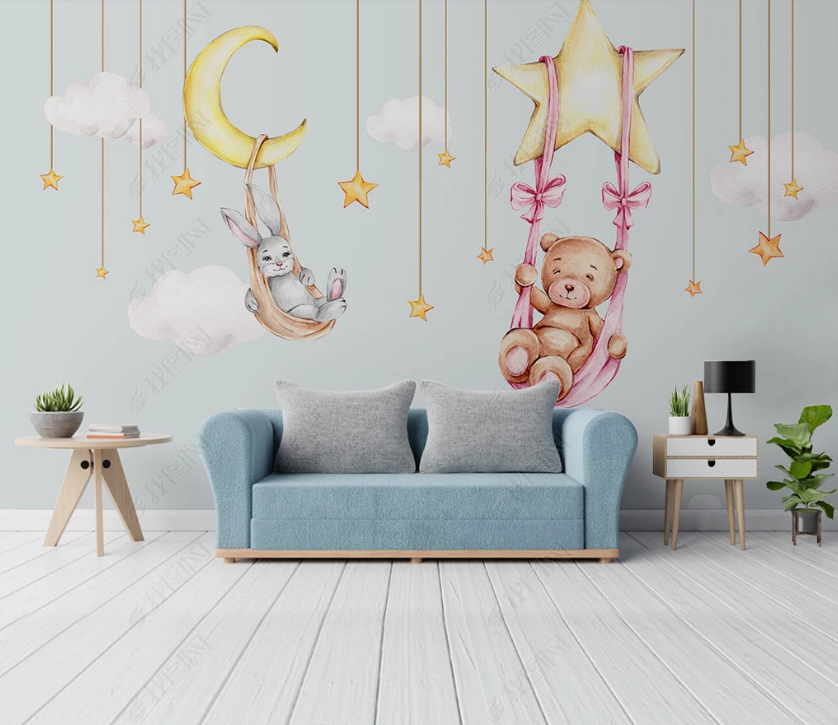 3D Cartoon Animal Bear Rabbit Star Moon Wall Mural Wallpaper Lqh 40