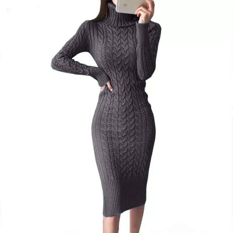 Women’s Sweater Dress Elegant Autumn Winter Sexy Slim Bodycon Dresses Turtleneck Solid Color Thick Warm Knit Pullover Vestido alx