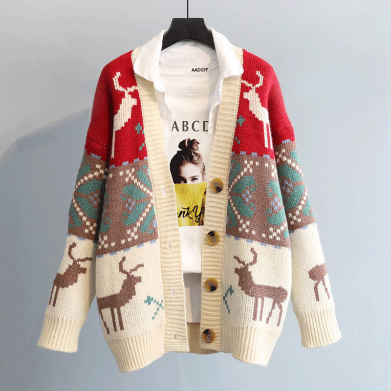 Women ‘S Sweater 2021 Autumn Winter New Green Cardigan Coat Korean Style Loose Thick Red V-neck Deer Jacquard Knitted Top Women alx