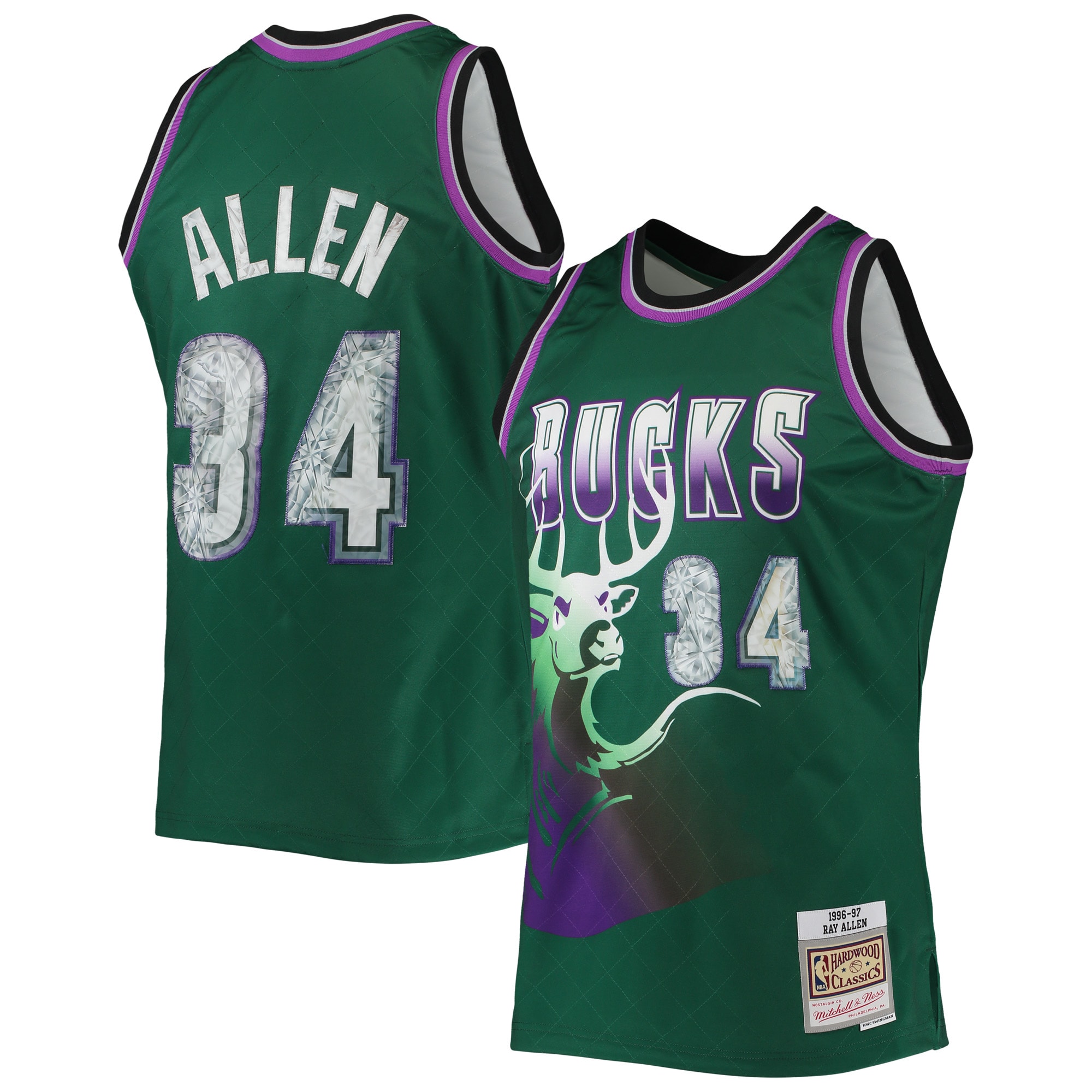 Ray Allen Milwaukee Bucks Mitchell & Ness 1996-97 Hardwood Classics NBA 75th Anniversary Diamond Swingman Jersey – Green