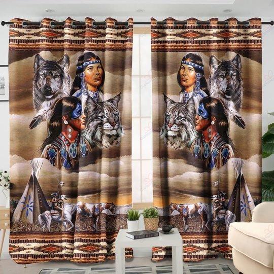 Tmarc Tee Brown Wolf Native American 3D All Over Printed Window Curtain Home Decor