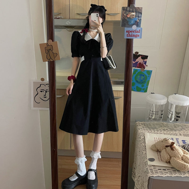 Women Dress Preppy Solid Hepburn Short Puff Sleeves Vestido Summer Turn Down Collar Retro Knee Length Empire French Black Chic alx