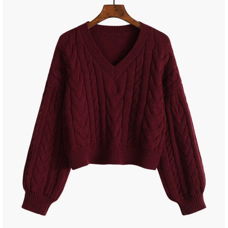 Women Sweater Autumn and Winter New V-neck Twist Sweater Women’s Outer Wear Puff Sleeve Thicken Pullover Short Knitting Top alx