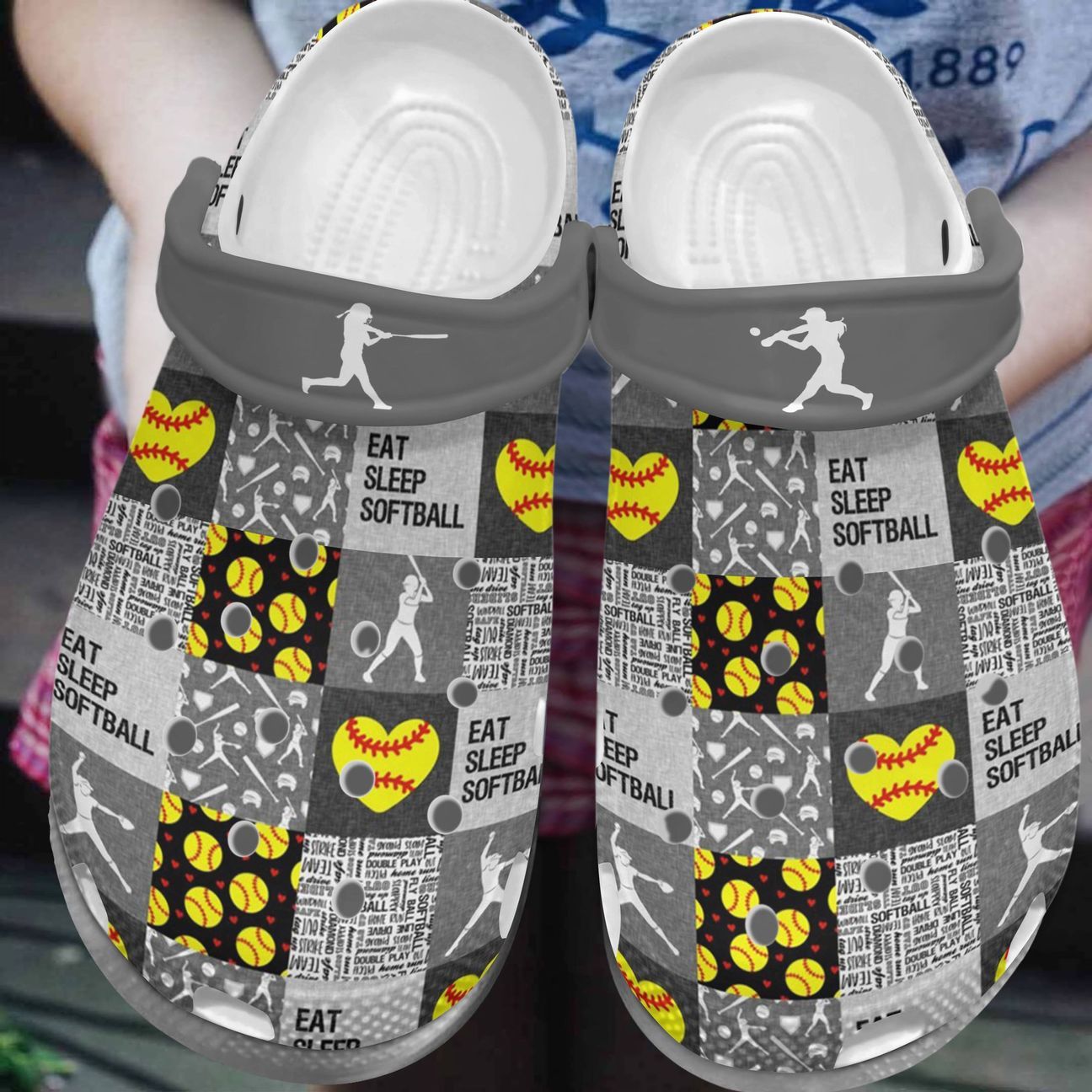 Softball Personalize Clog, Custom Name, Text, Fashion Style For Women, Men, Kid, Print 3D Whitesole Eat Sleep Softball