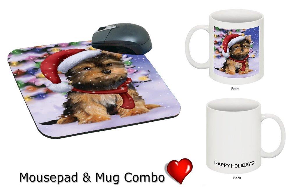 Winterland Wonderland Yorkshire Terriers Puppy Dog In Christmas Holiday Scenic Background Mug & Mousepad Combo Gift Set