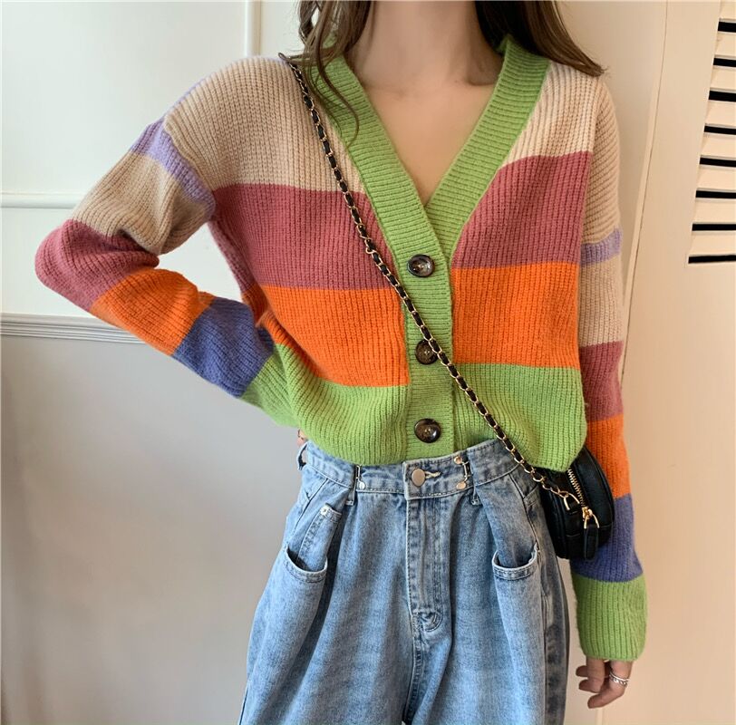 autumn V Neck Women thin knitted Cardigan casual slim colorful patchwork Knit Sweater Single-breasted print Long Sleeve crop Top alx