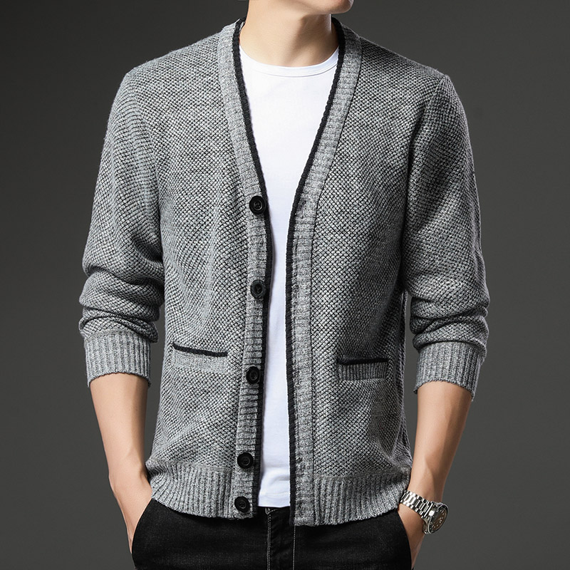 Casual solid color V-neck sweater jacket men’s fall/winter new fleece and thick button knit cardigan jacket trend alx