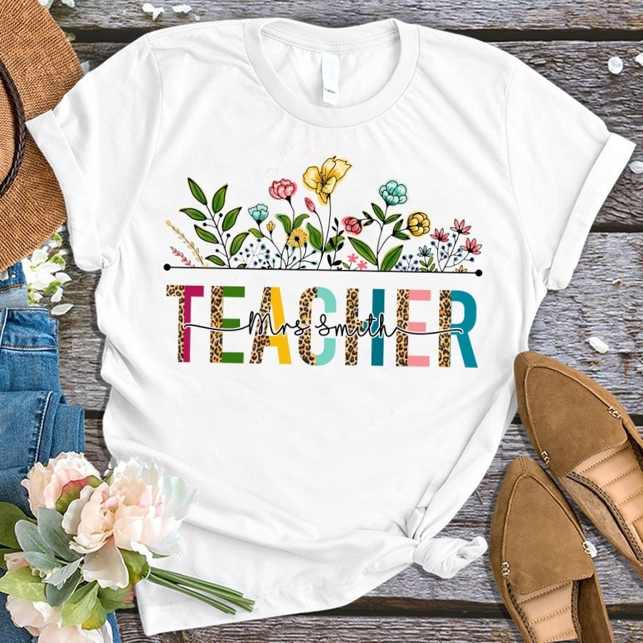 Personalized T-Shirt For Teacher Appreciation Monogram Leopard Design Flower Custom Name Shirt Gifts For Back To School