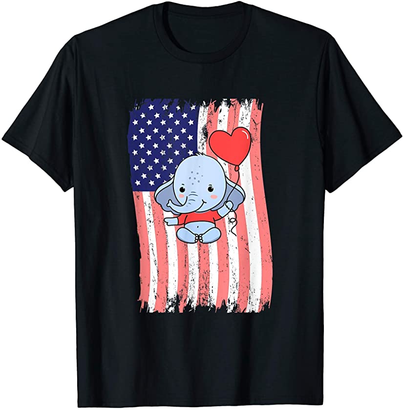 American Flag Elephant With Heart Balloons T-Shirt