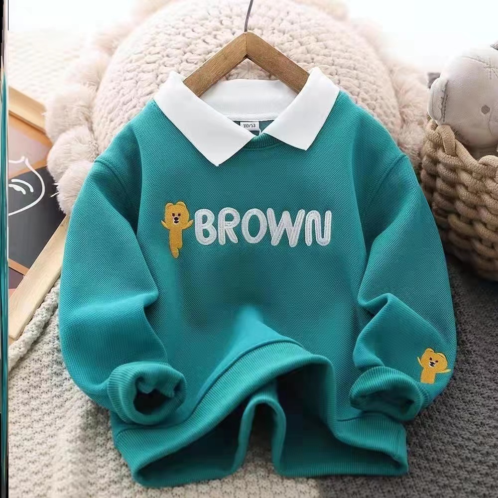 Boys’ Fleece-Lined Thickened Cotton Jacket for Big Children Fake Two-Piece Bottoming Shirts Spring and Autumn Cartoon Sweater alx