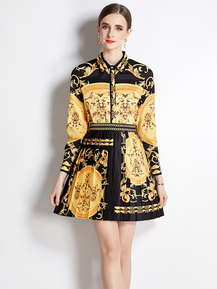 2023 Fashion Runway Baroque Two Piece Set Women Long Sleeve Blouse Golden Flower Print Shirt Top + Pleated Mini Skirt Suit alx