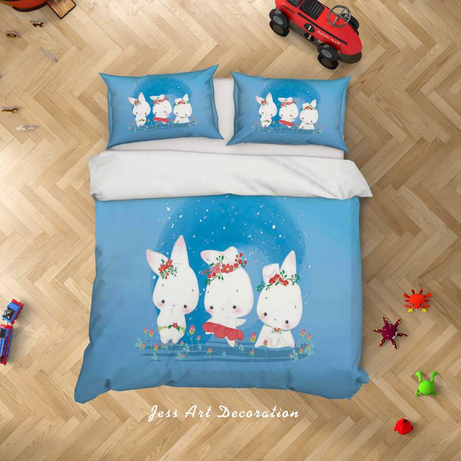 3D Blue Rabbit Floral Quilt Cover Set Bedding Set Duvet Cover Pillowcases SF94