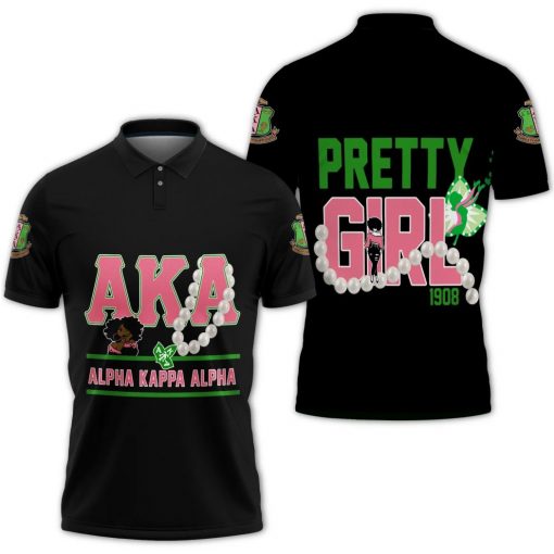 Alpha Kappa Alpha Pretty Girl 1908 Pearl Line Black Polo Shirt