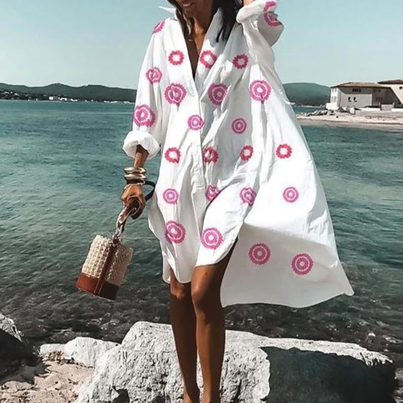 Autumn Summer Fashion Women’s New Shirts Dress Casual Printed Lapel Long Sleeve Buttons Irregular Dress Beach Sexy Party Dresses alx