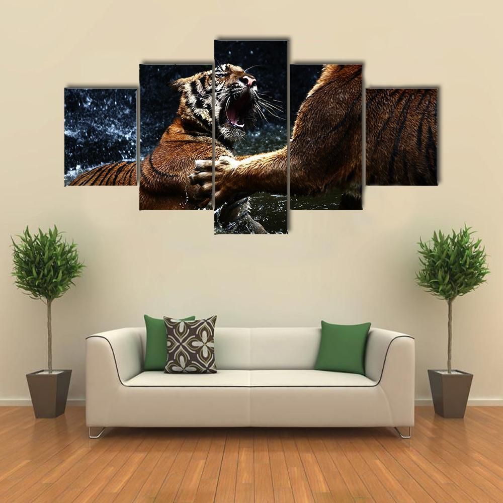 Tiger Attack To Other Tiger Animal 5 Panel Canvas Art Wall Decor