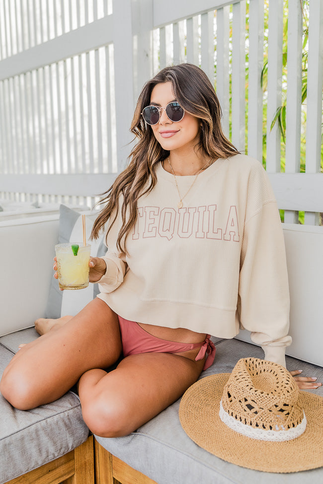 Tequila Block Cropped Corded Graphic Cream Sweatshirt