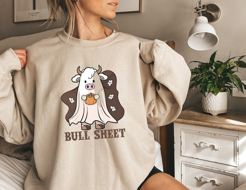 Bull Sheet Halloween Sweatshirts, Cow Western Crewneck Sweatshirt All Over Print Sweatshirt For Women Sweatshirt For Men