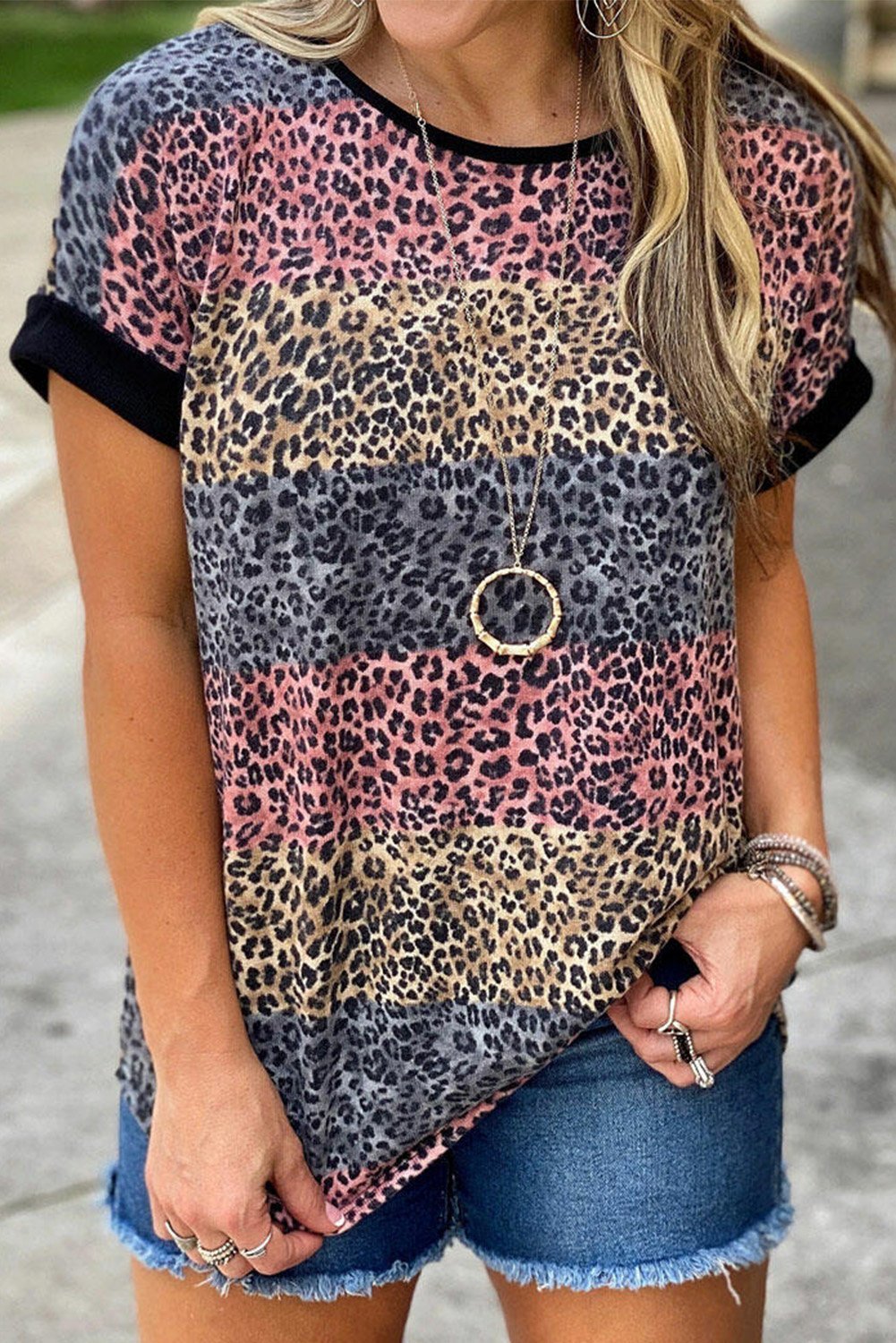 Azura Exchange Leopard Striped Colorblock T-Shirt