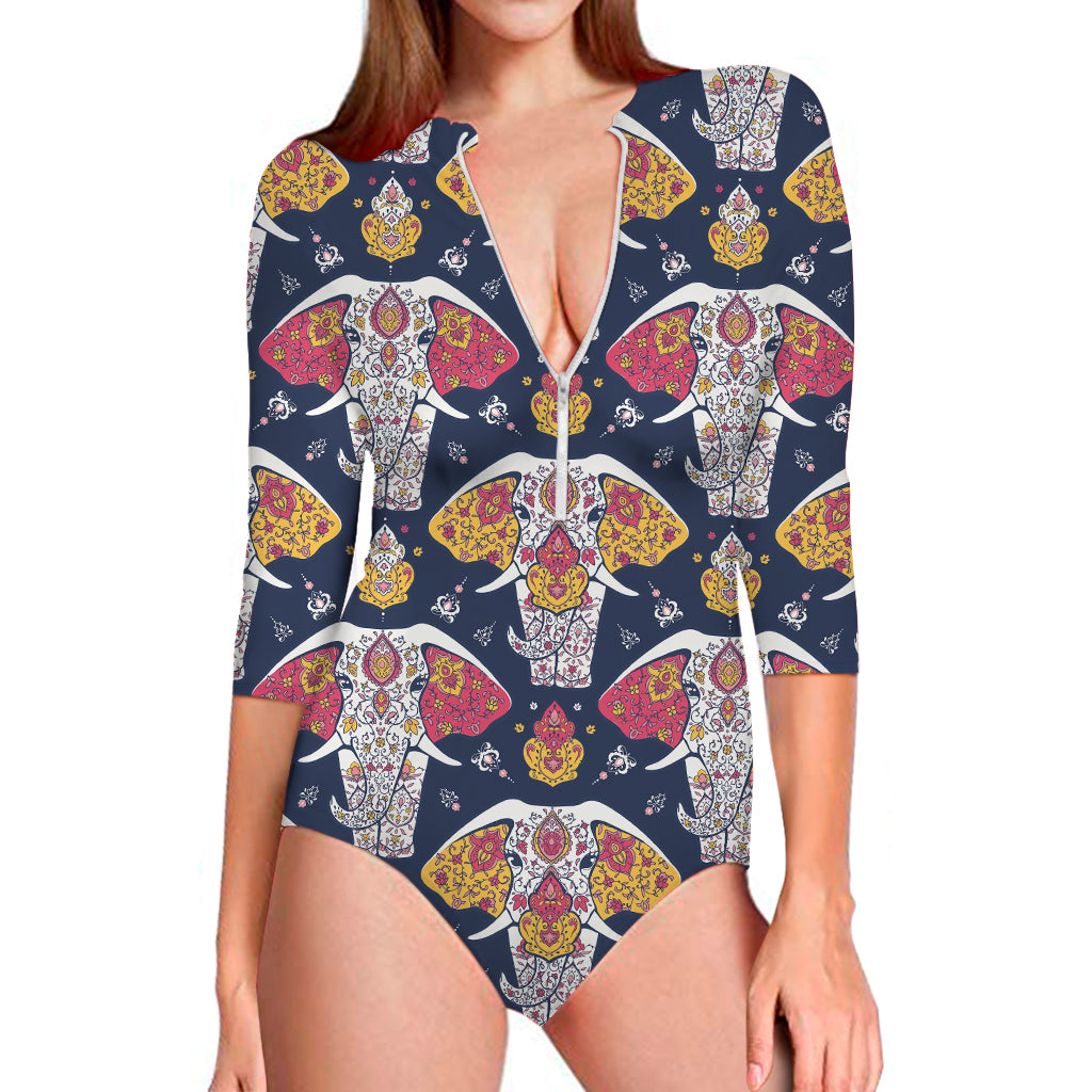 Indian Floral Elephant Pattern Print Long Sleeve One Piece Swimsuit