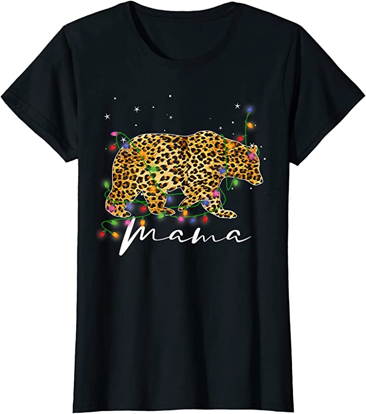 Womens Mama Bear Leopard Plaid Christmas Matching Family Bear Mom T-Shirt