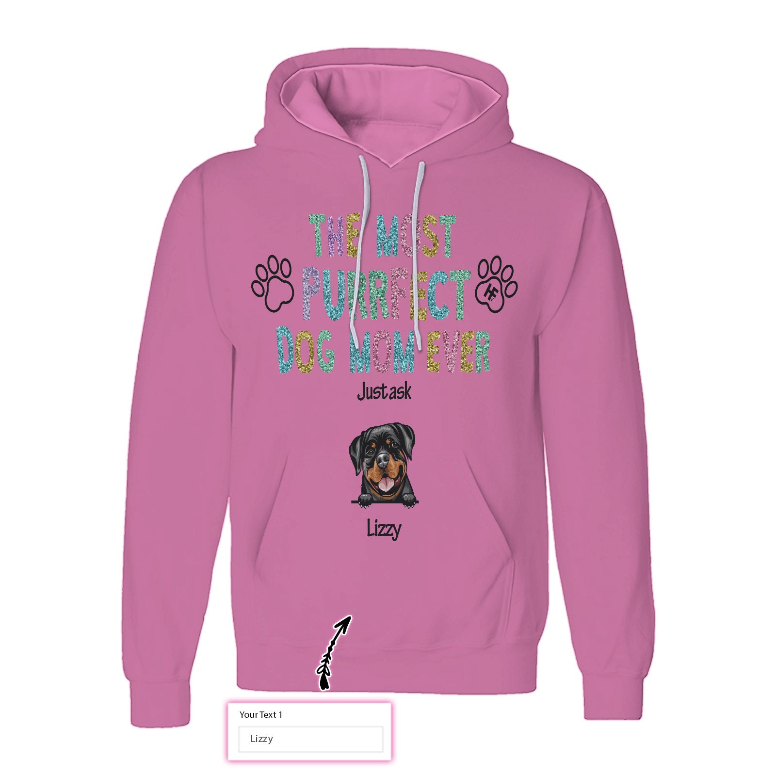 The Most Purrfect Dog Mom Ever Custom Glitter Unisex Pullover Hoodie, Customized Dog Glitter Hoodie For Dog Lovers