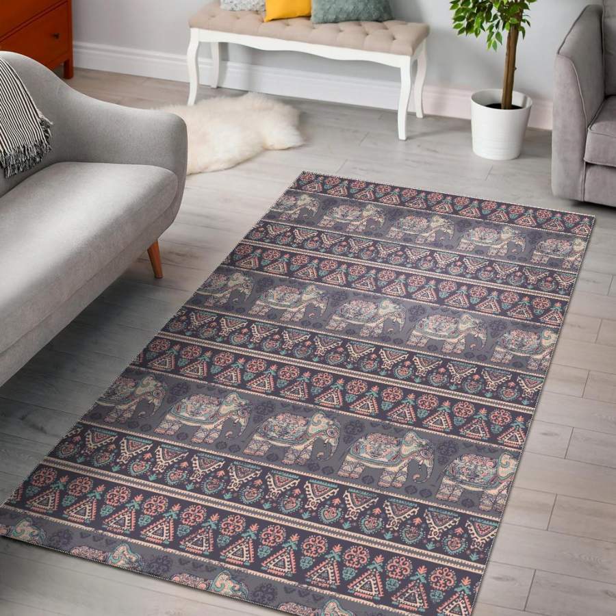 Black Elephant Aztec Pattern Prints Area Rug