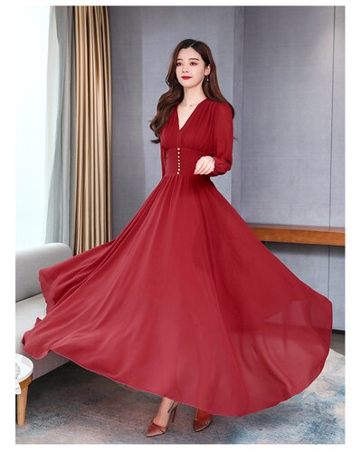 2021 Autumn New Arrival Bohemian Style S-3XL V Collar Long Sleeve Solid Color Women Chiffon Long Dress alx