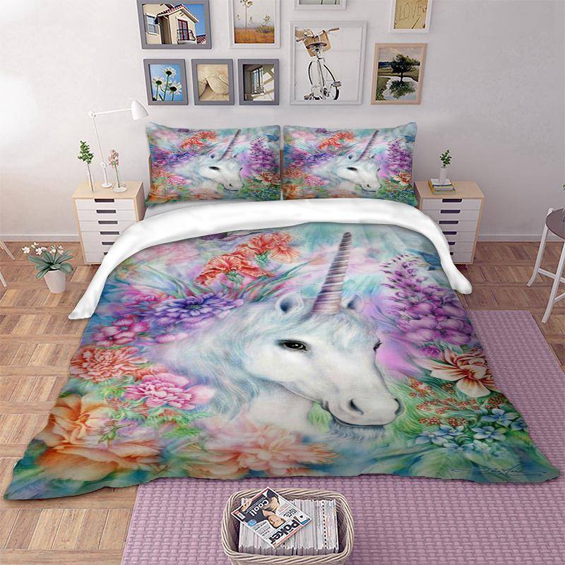 White Unicorn Flowers 3D Duvet Soft Polyester Bedding Cover Set FREE SHIPPING