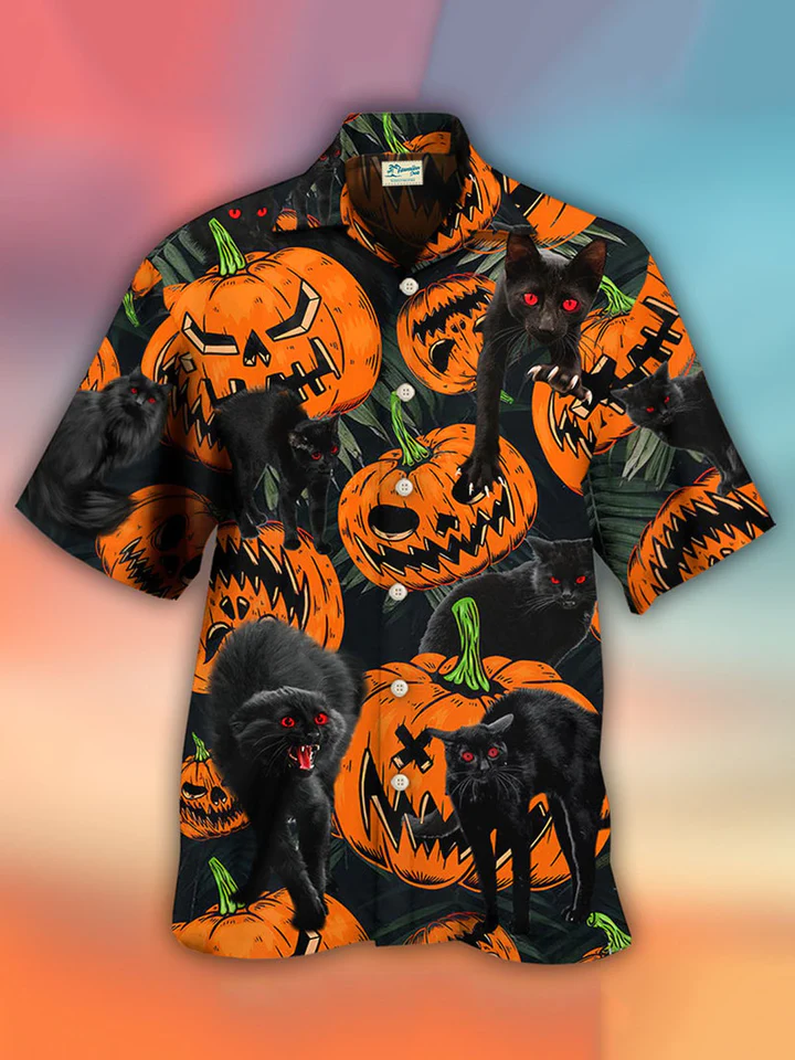 Halloween Black Cat Pumpkin Scary Tropical Hawaii Funny Shirt Ha92856