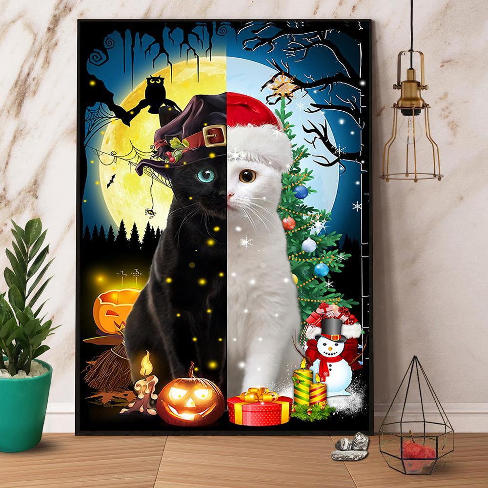 Black Cat Witch Halloween Gift And White Cat With Christmas Hat Christmas Gift Paper Poster No Frame  Matte Canvas Wall Decor