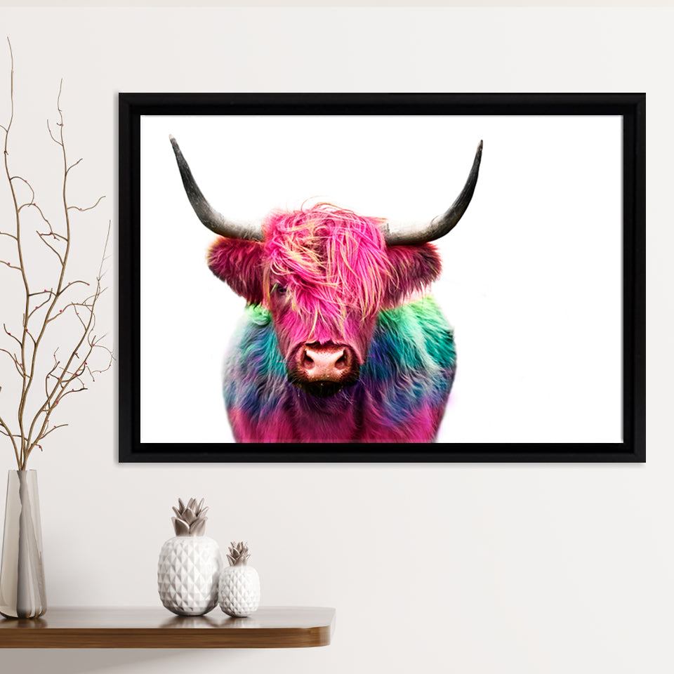 Colourful Pink Highland Cow Framed Canvas Print – Canvas Painting, Canvas Art, Wall Art, Wall Decor