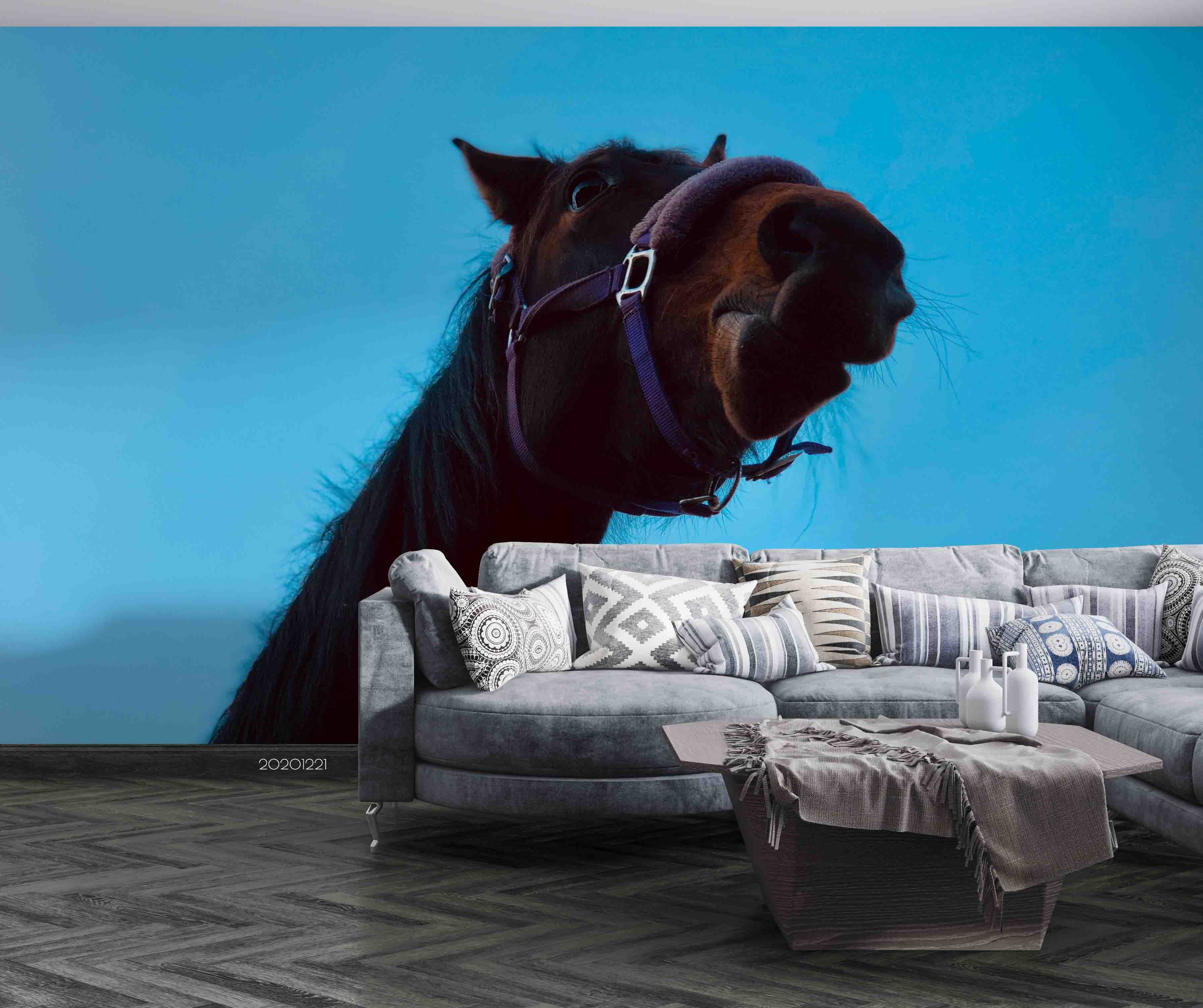 3D Animal Horse Blue Background Wall Mural Wallpaper Lqh 33