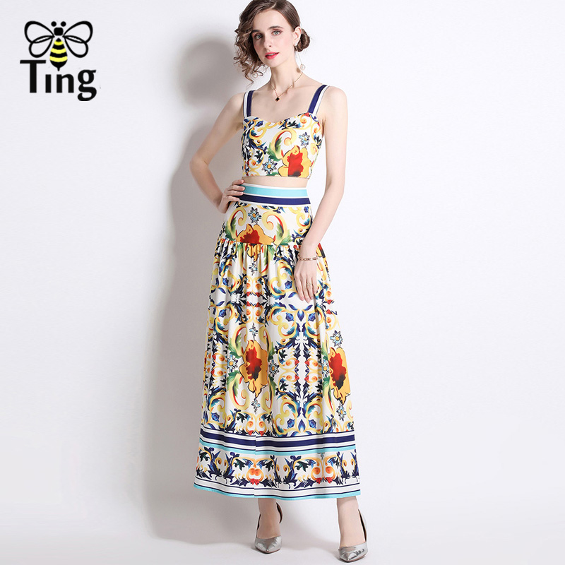 Tingfly Summer Fashion 2 Pieces Sets Camisole Cropped Tops & A Line Long Skirts Dress Sets Vintage Floral Print Dresses Outfits alx