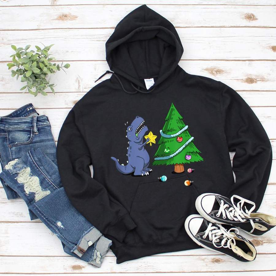 Funny dinosaur struggle christmas tree is real dinosaur star cute gift happy holiday black hoodie for men and women S-5XL
