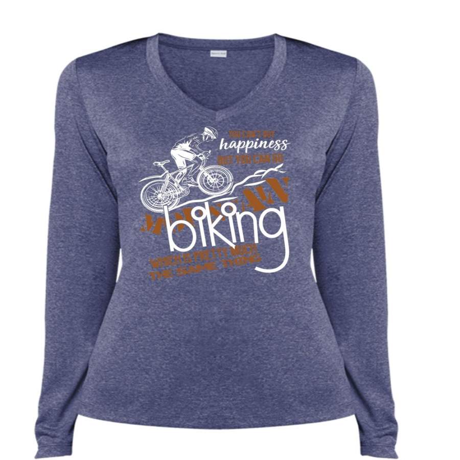 You Can’t Buy Happiness T Shirt, You Can Go Biking T Shirt, Cool Shirt (Ladies LS Heather V-Neck)