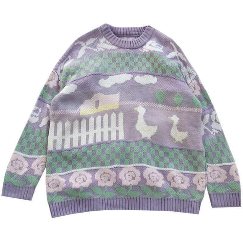 Sweaters Women Sweet Ins Purple Flowers Design Vintage College Girl Knitwear All-match Fall Spring Korean Popular Femme Pullover alx