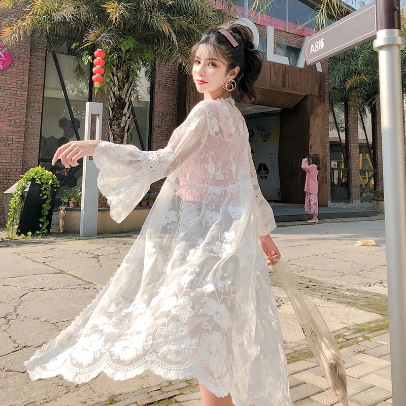 Bohemian White Beach Cover Up Swimwear Sarong Embroidery Lace Kimono Sexy Transparent Long Cardigan Saida De Praia alx