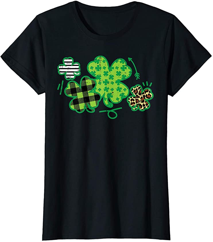 Womens Green Plaid Leopard Shamrock Cute St Patricks Day Women Gift T-Shirt