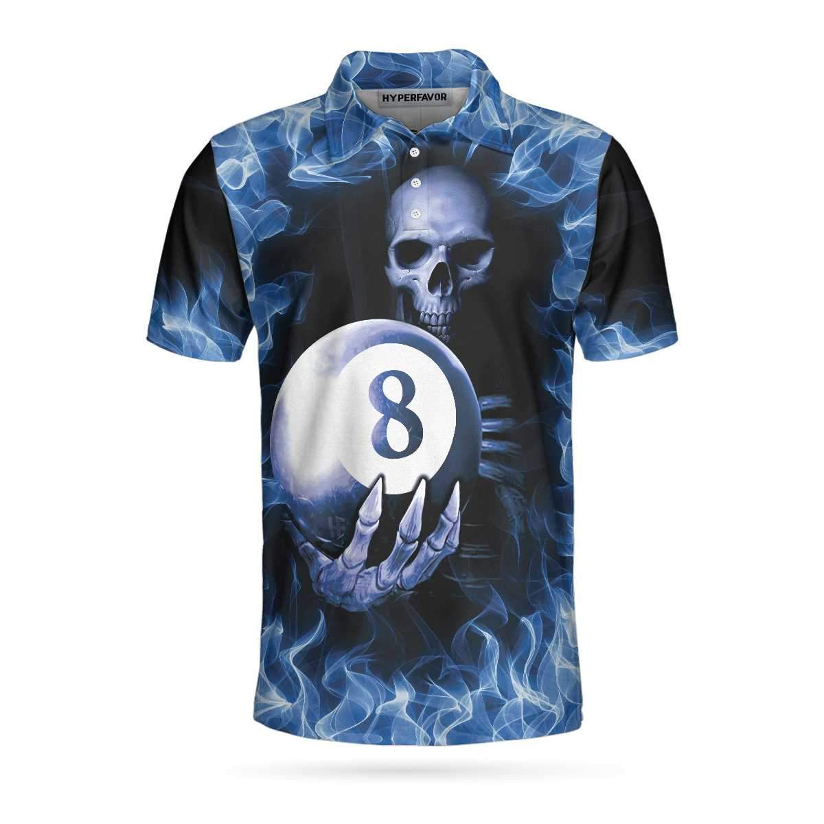 Billiards Murder Polo Shirt, Blue Flame Billiards Shirt Design, Skull ...