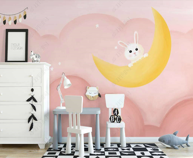 3D Northern Europe Hand-Painted Pink Moon Rabbit Clouds Wall Mural Wallpaper Sww2575