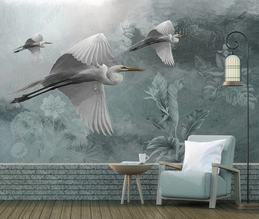 3D Abstract Embossed White Crane Animal Plant Background Wall Mural Wallpaper Lxl