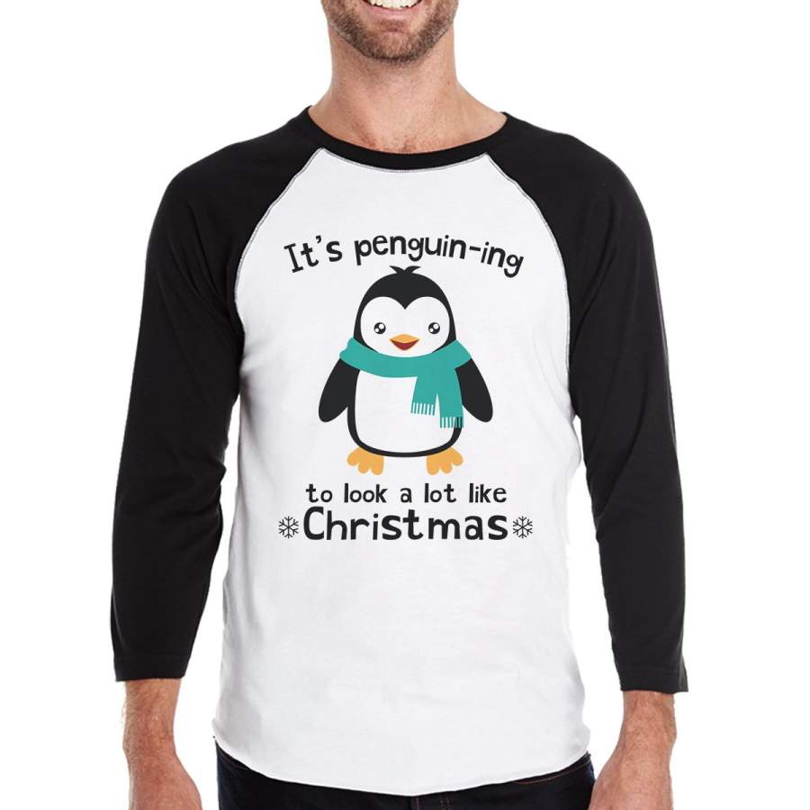 It’s Penguin-Ing To Look A Lot Like Christmas Mens Black And White Baseball Shirt