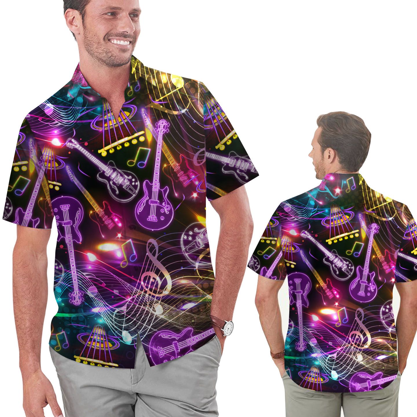 Neon Guitar Music Staves Men Hawaii Shirt For Guitarists In Daily Life Ha99342