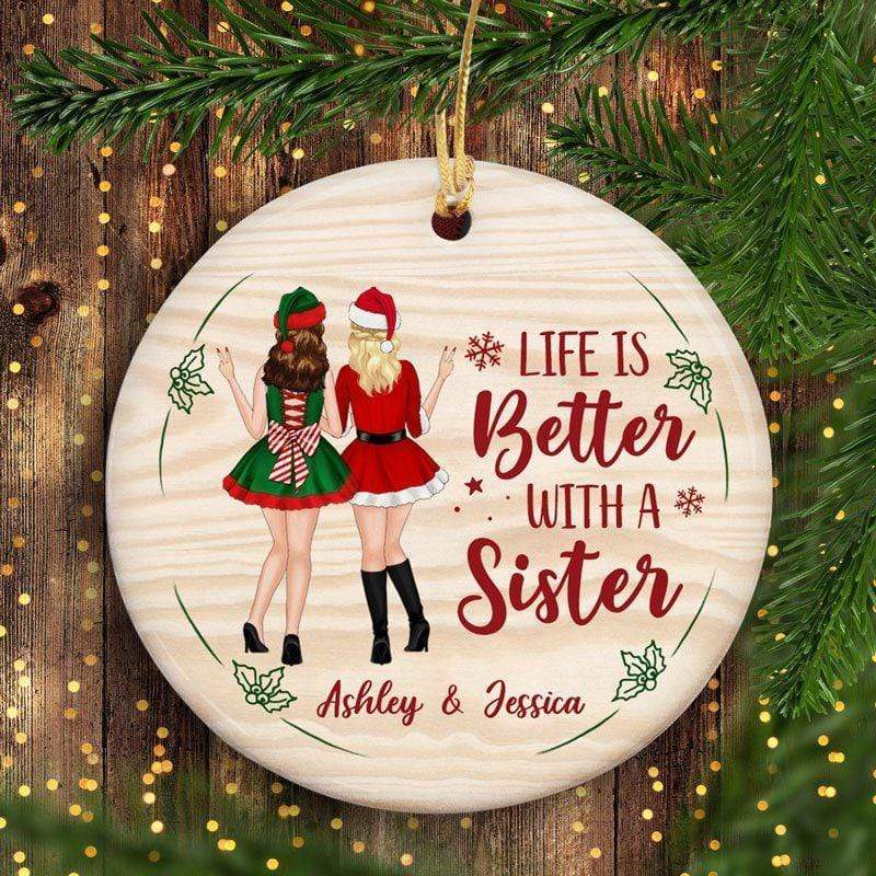 Best Friends Christmas Dresses Wooden Theme Circle Ornament