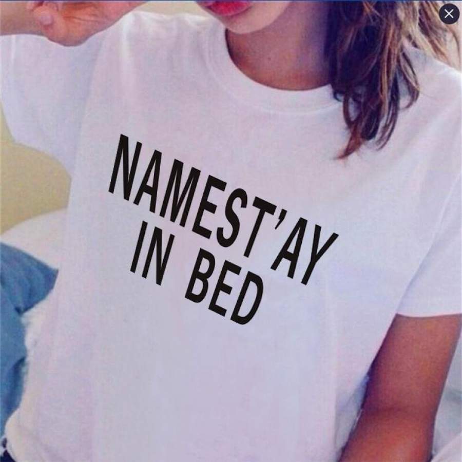 Plus Size Cotton T-Shirt Namastay In Bed Funny Letter Print Cute Fitness Clothes Women Sexy Tees Tops Graphic T Shirt