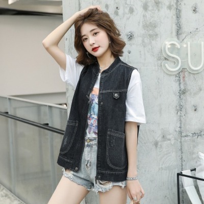 Clothing Vintage Women Vest Summer 2021 Hole Casual Jeans Waistcoat Outerwear Streetwear Button Sleeveless Denim Jacket Ladies alx