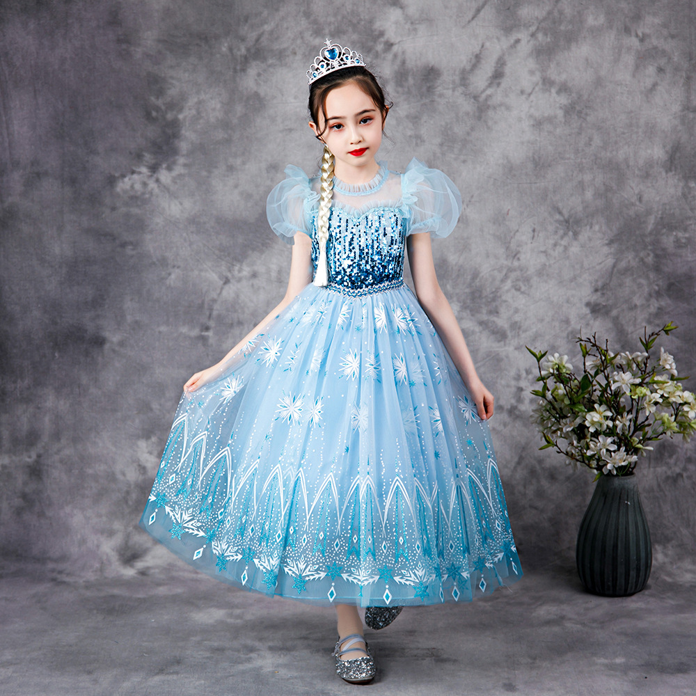 2021 Elsa Sequined Dress Girls Party Vestidos Cosplay Girl Clothing Anna Snow Queen Print Birthday Princess Dress Kids Costume alx